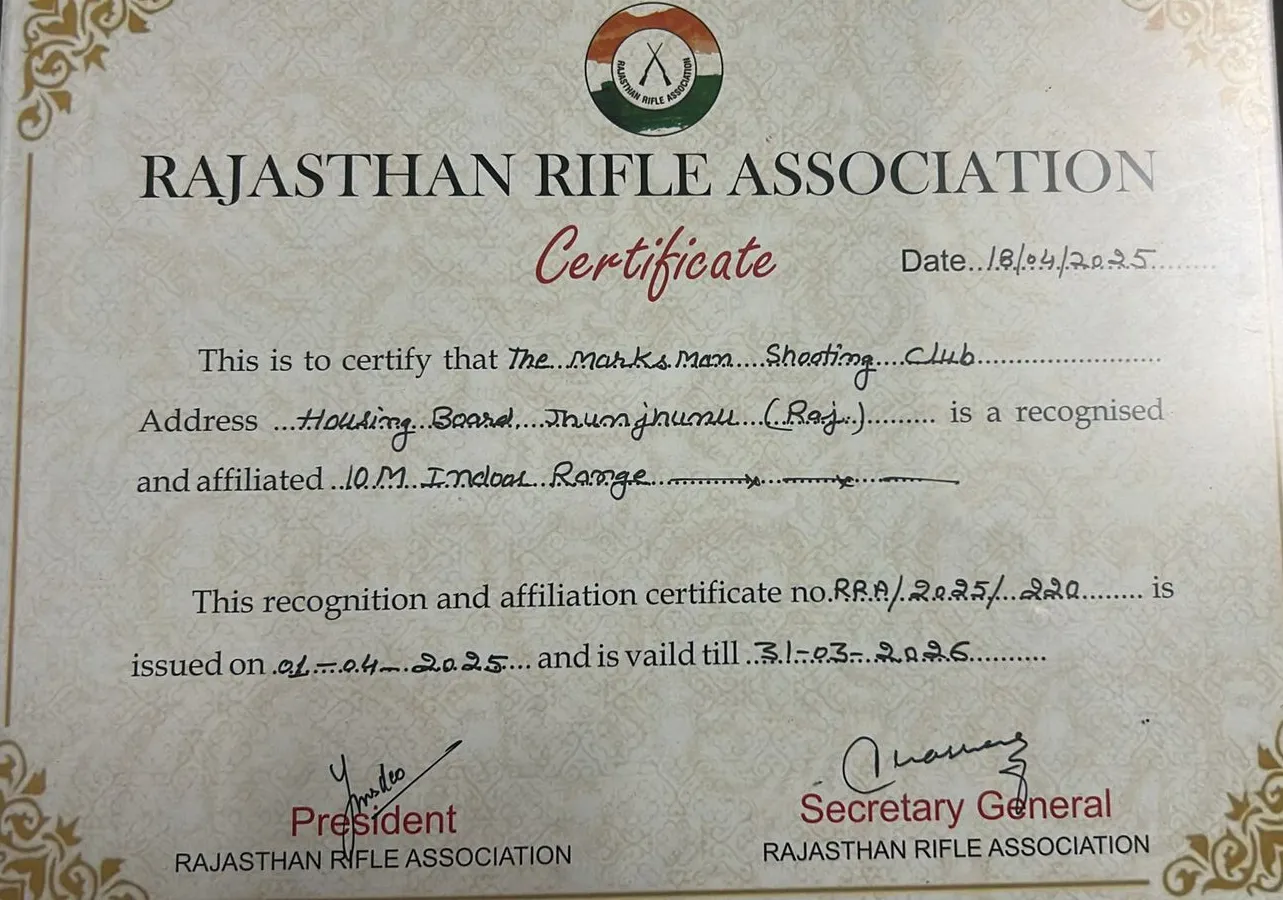 Rajasthan Rifle Association Affiliation Certificate
